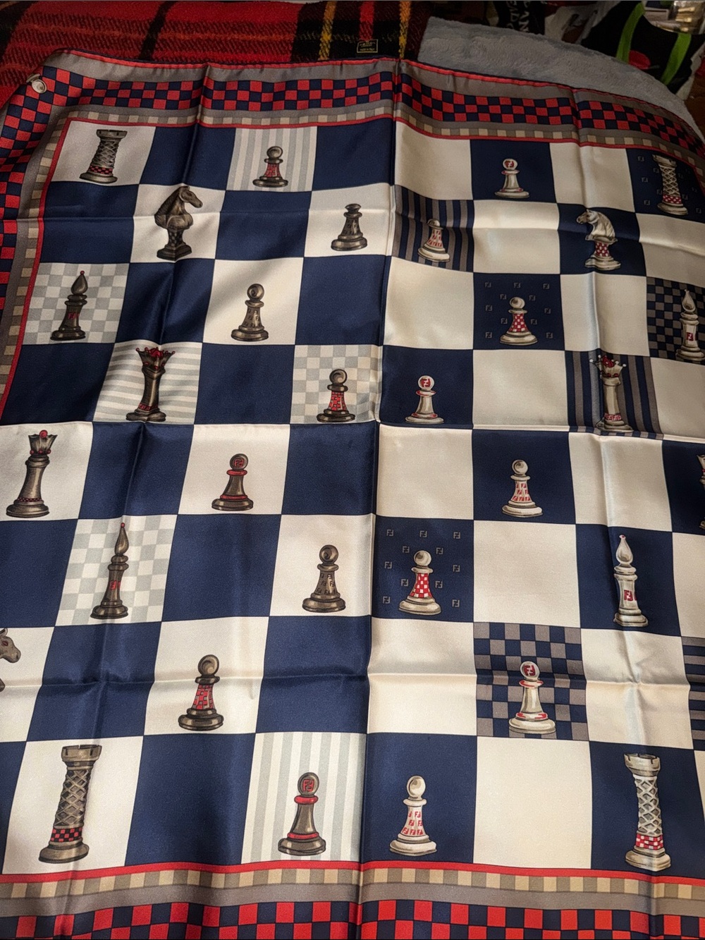 Preloved Fendi Navy, Red & White Checker Silk Scarf excellent condition.
